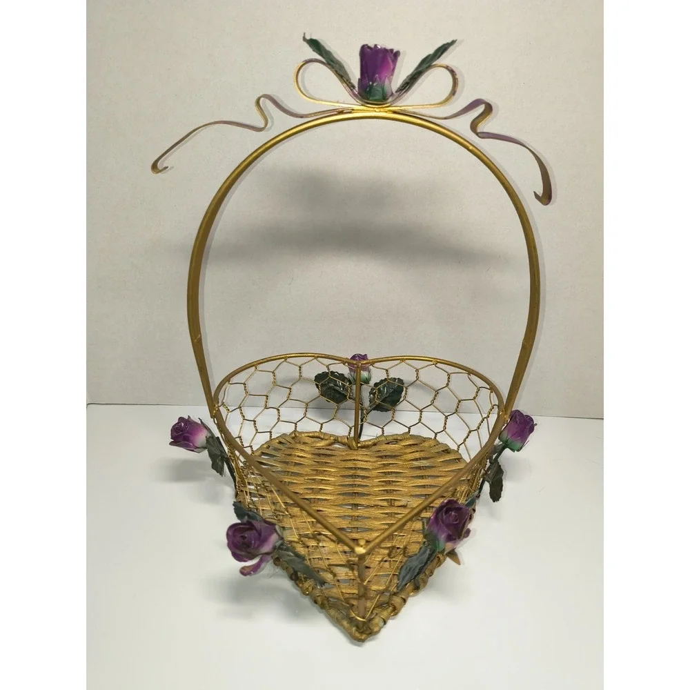 Gold Metal Heart Shaped Basket‎ Purple Roses Wicker Bottom ~Display Storage Gift